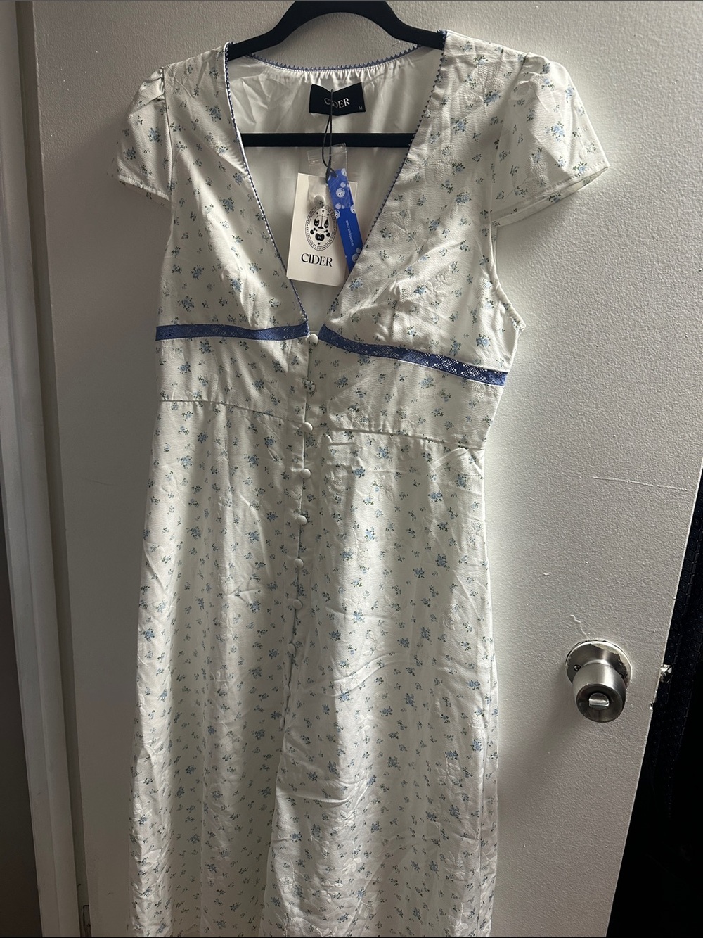 Cider White Midi Dress with Blue Floral Accents